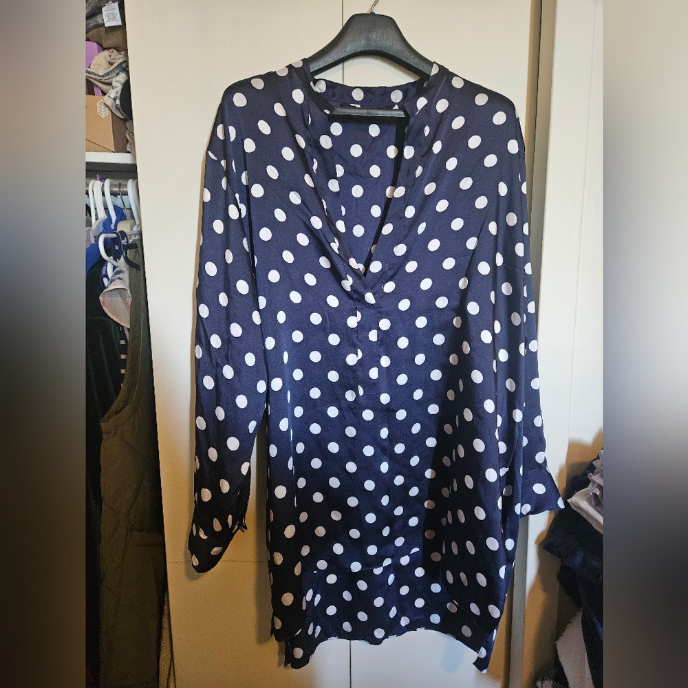 Zara Navy and White Polka Dot Top
